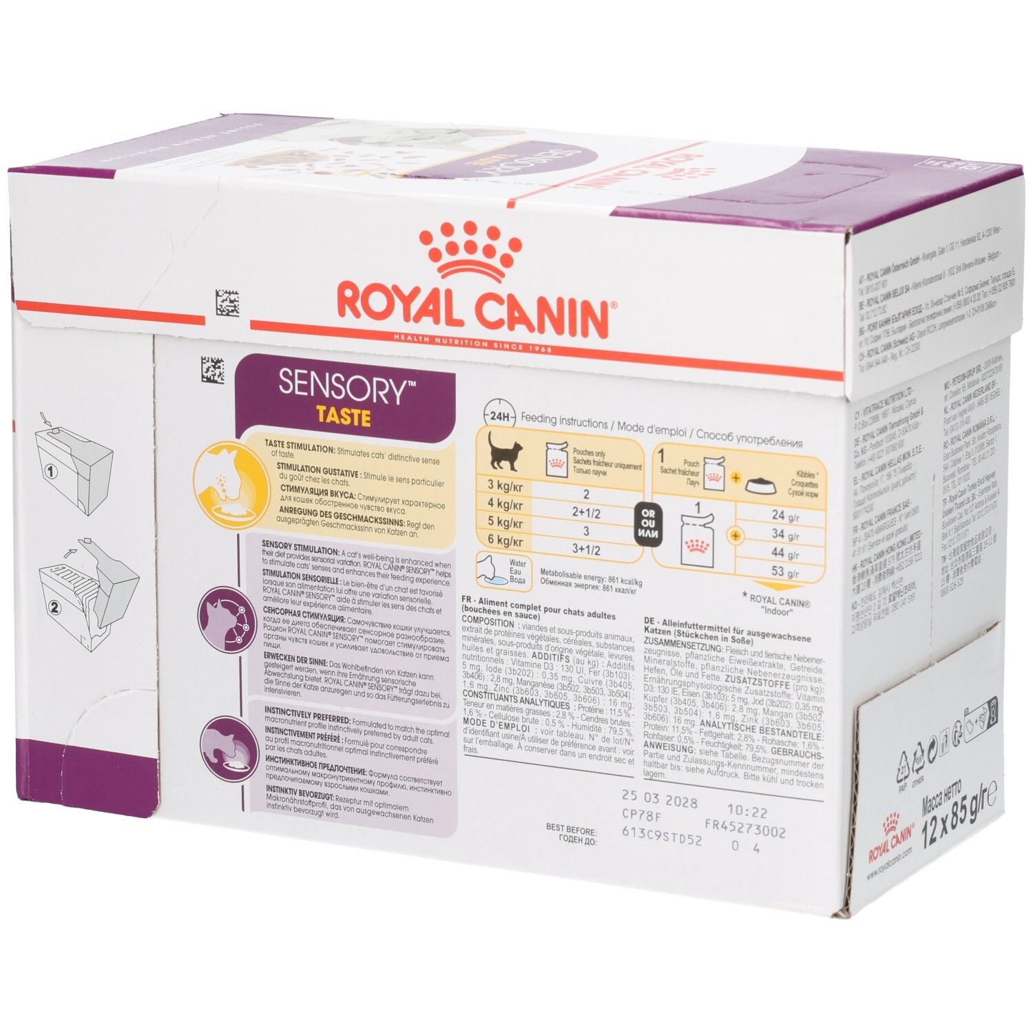 Doos Royal Canin Sensory Taste kattenvoer, zijaanzicht met voedingsinstructies.