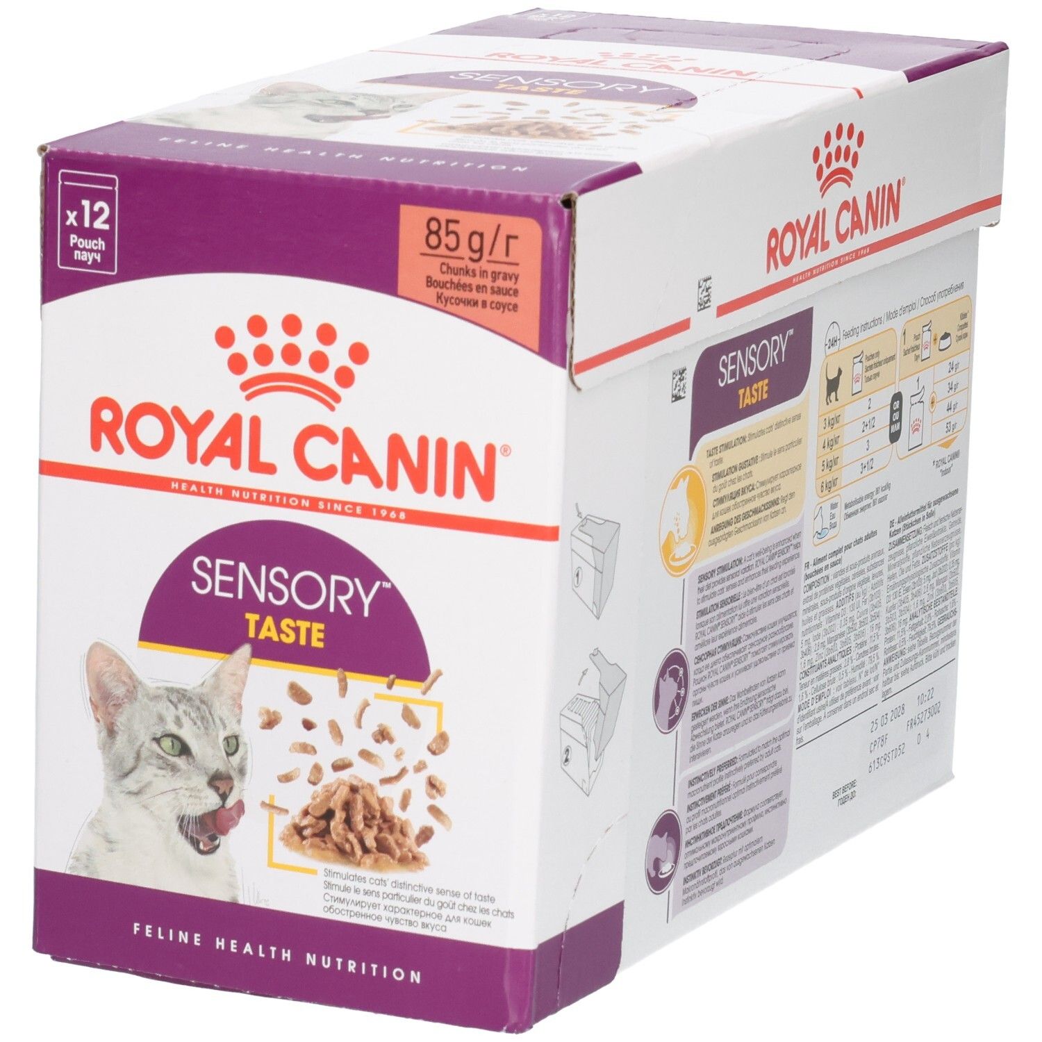 Doos Royal Canin Sensory Taste kattenvoer, schuine vooraanzicht met focus op het design.