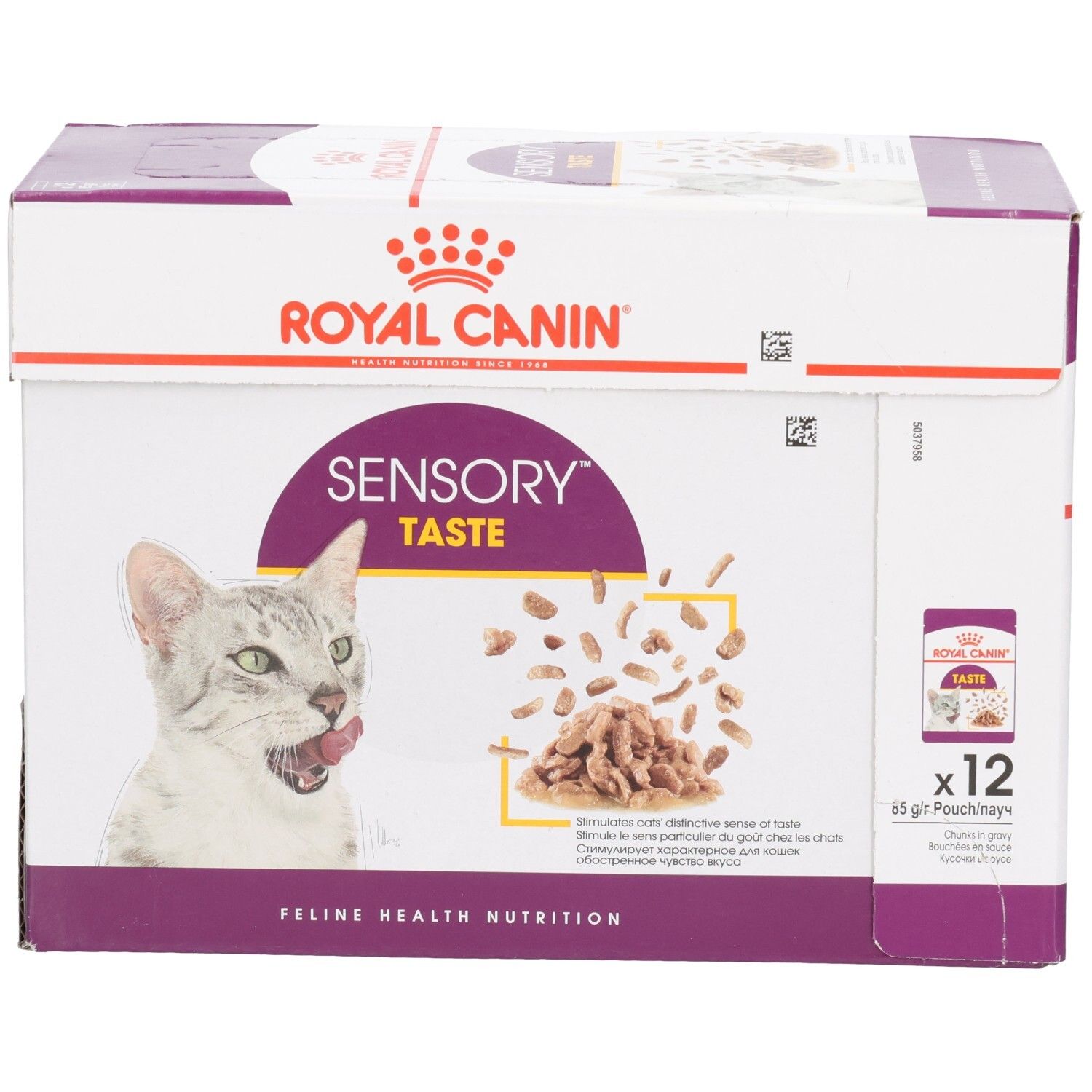 Doos Royal Canin Sensory Taste kattenvoer, vooraanzicht met kat en voerbrokjes.