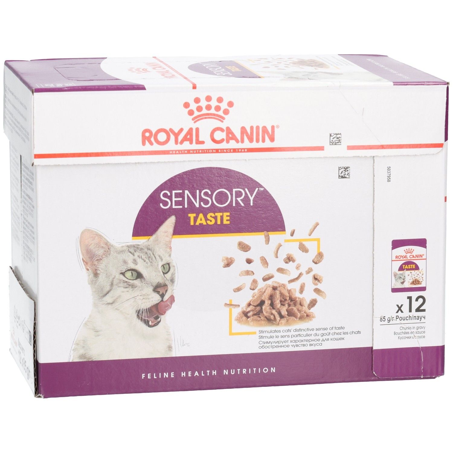 Doos Royal Canin Sensory Taste kattenvoer, schuine linker vooraanzicht.