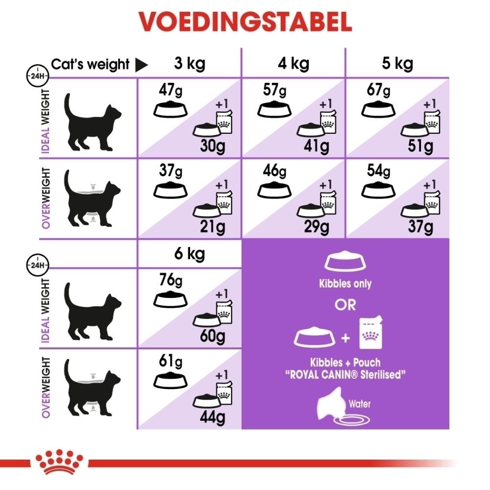 Voedingstabel voor katten: gewicht, ideaal en overgewicht, hoeveelheid voer in gram.