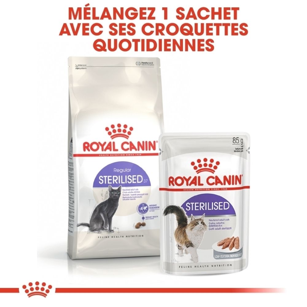 Nourriture pour chats Royal Canin Sterilised : sachet et pochette avec images de chats et texte.