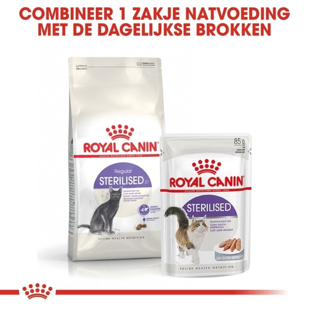 Royal Canin Sterilised kattenvoer: zak droogvoer en 85g zakje natvoer.