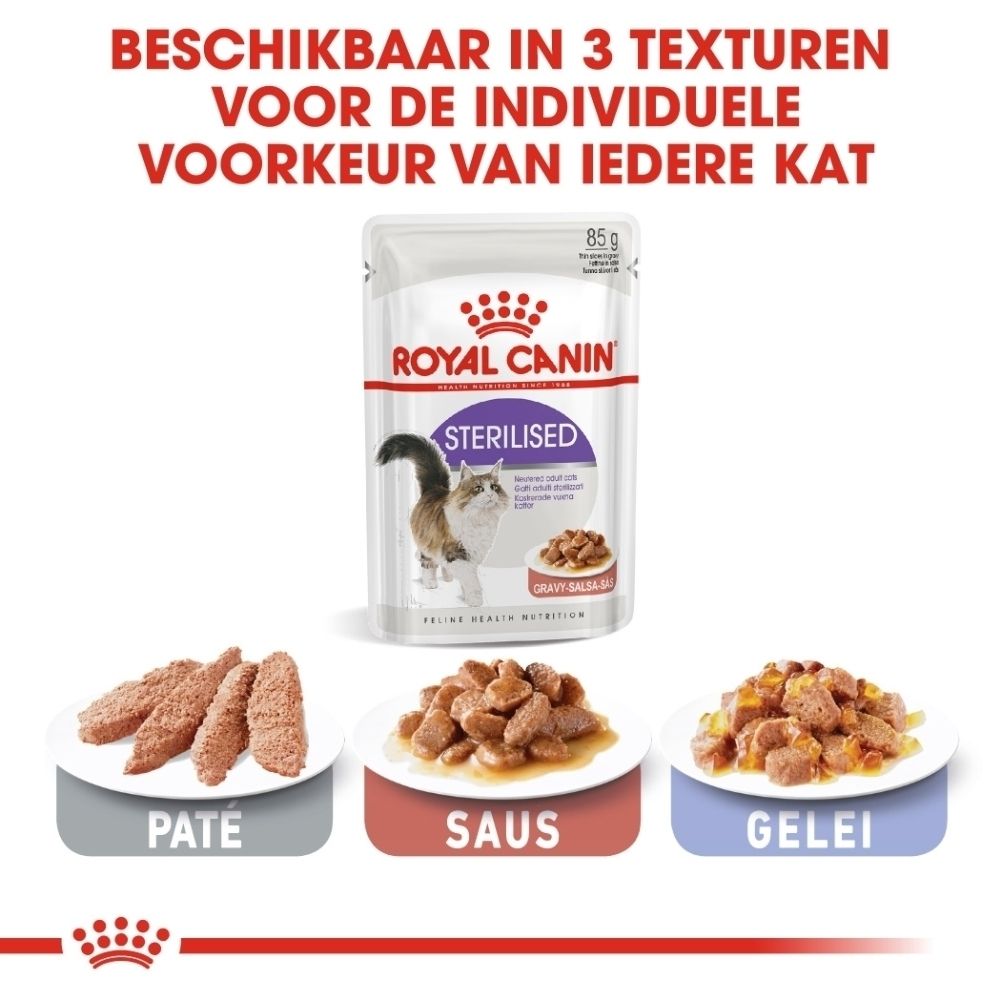 Weergave van 3 texturen: mousse, saus, gelei voor Royal Canin Sterilised.