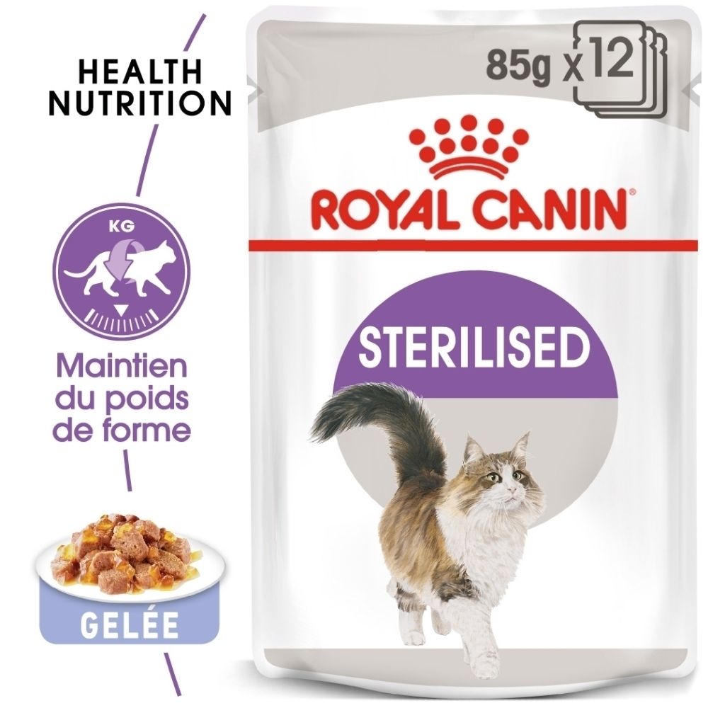Pouch Royal Canin Sterilised pour chats, 85g, avec image de chat.