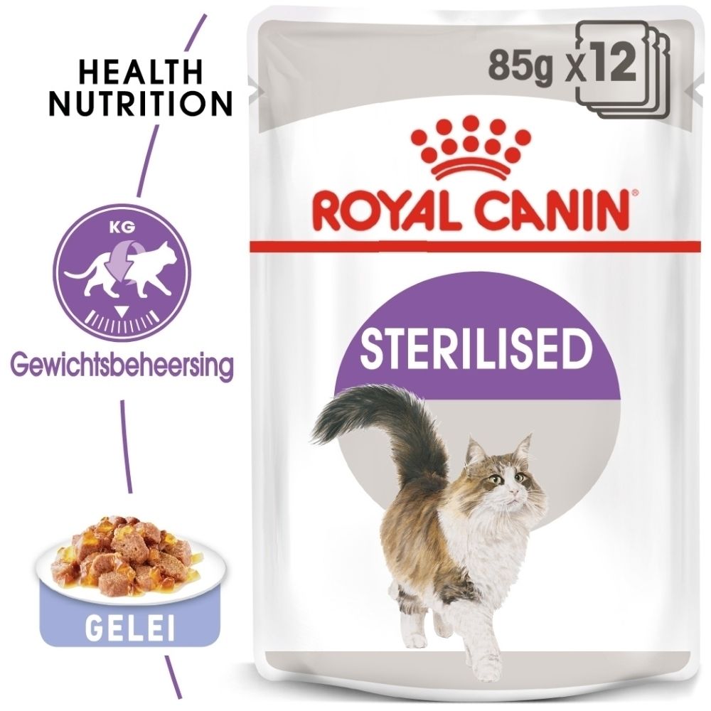 Pouch Royal Canin Sterilised kattenvoer, 85g, met kattenafbeelding.