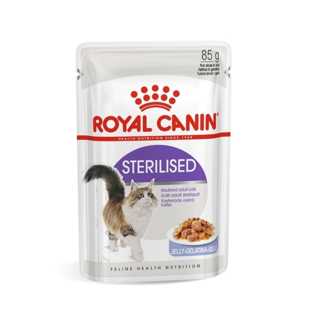 Pouch Royal Canin Sterilised pour chats, 85g, avec informations sur la nutrition féline.