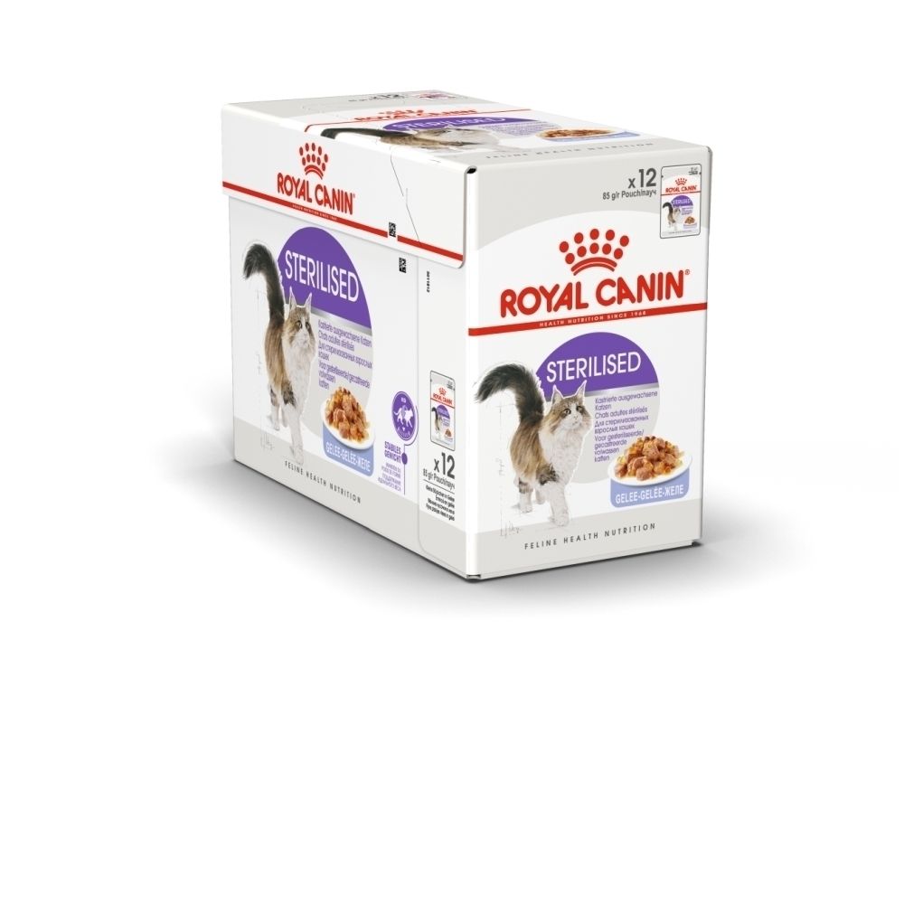 Pouch Royal Canin Sterilised pour chats, 85g, avec recommandation de rationnement.