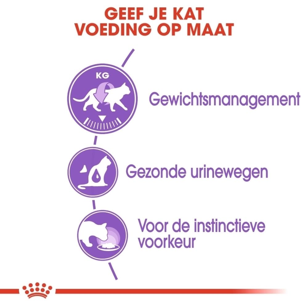 Pouch Royal Canin Sterilised kattenvoer, 85g, met voedingstabel.