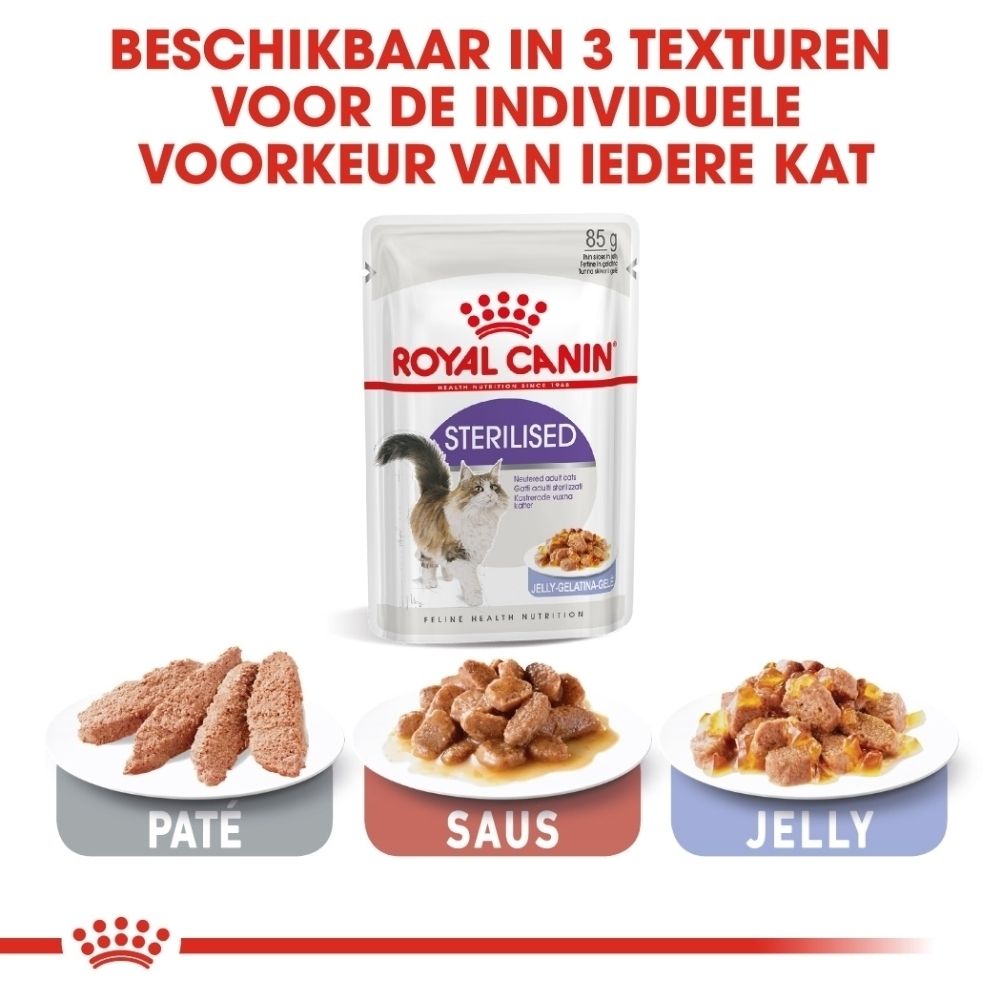 Pouch Royal Canin Sterilised kattenvoer, 85g, met informatie over kattenvoeding.