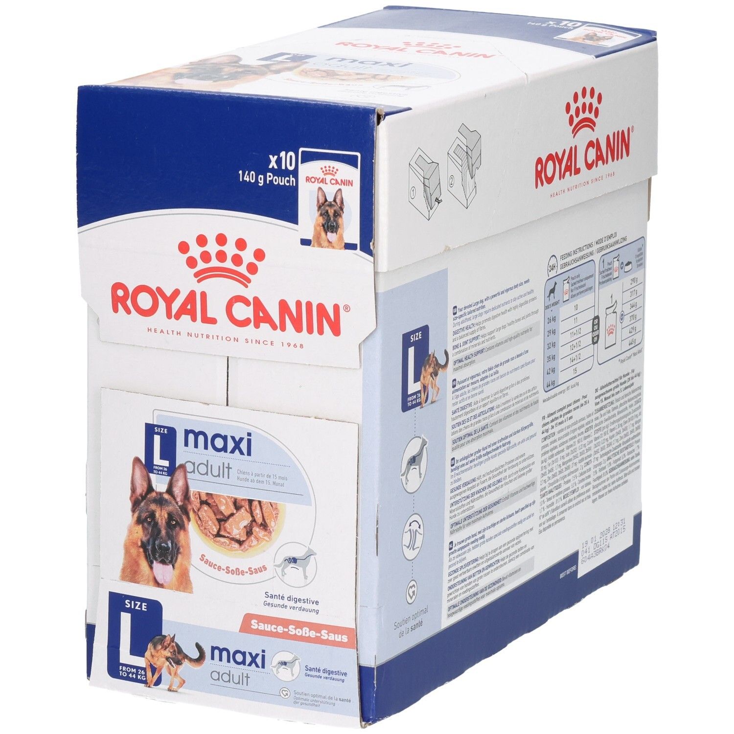 Royal Canin Maxi Adult doos met 10 zakjes van 140g. Duitse en Franse belettering.