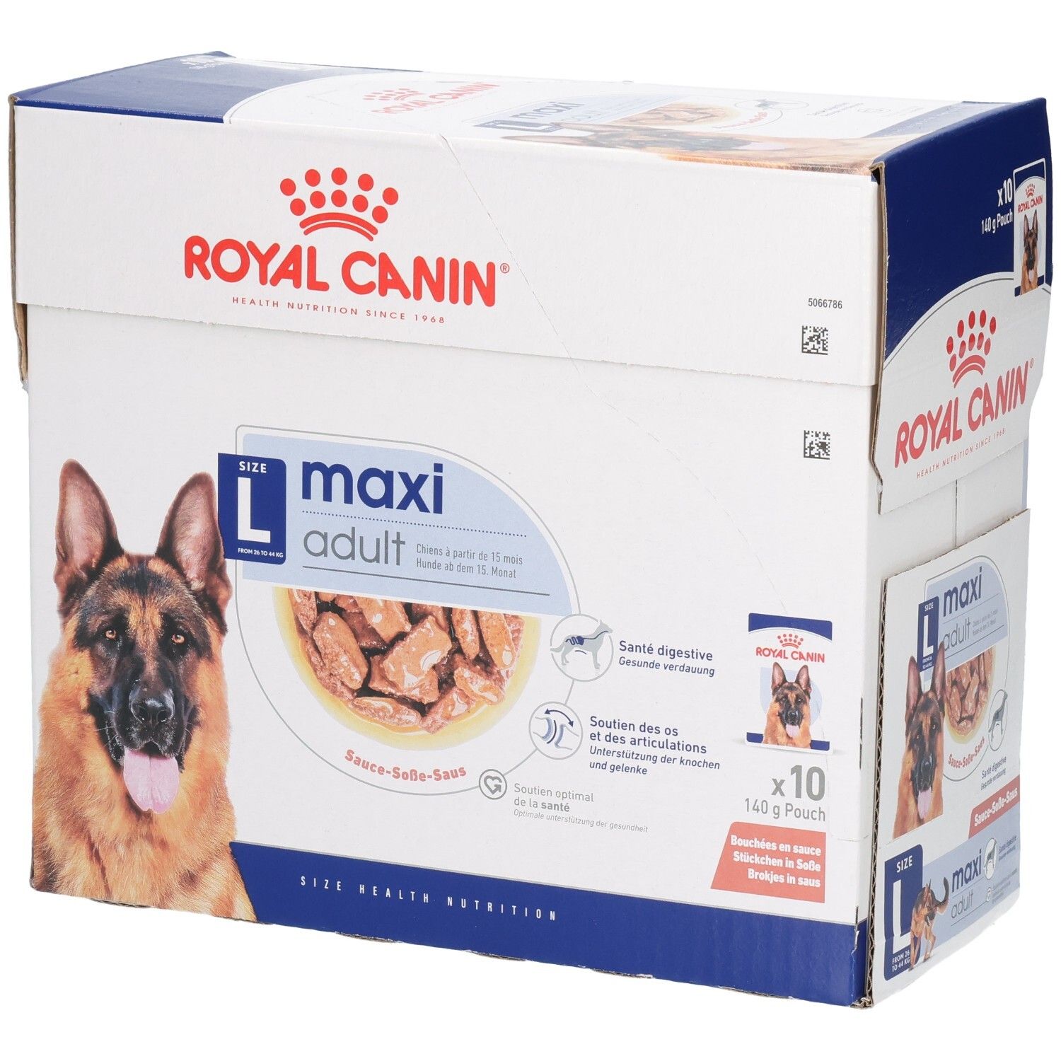Royal Canin Maxi Adult doos met 10 zakjes van 140g. Voorkant met hondenafbeelding en productinformatie.