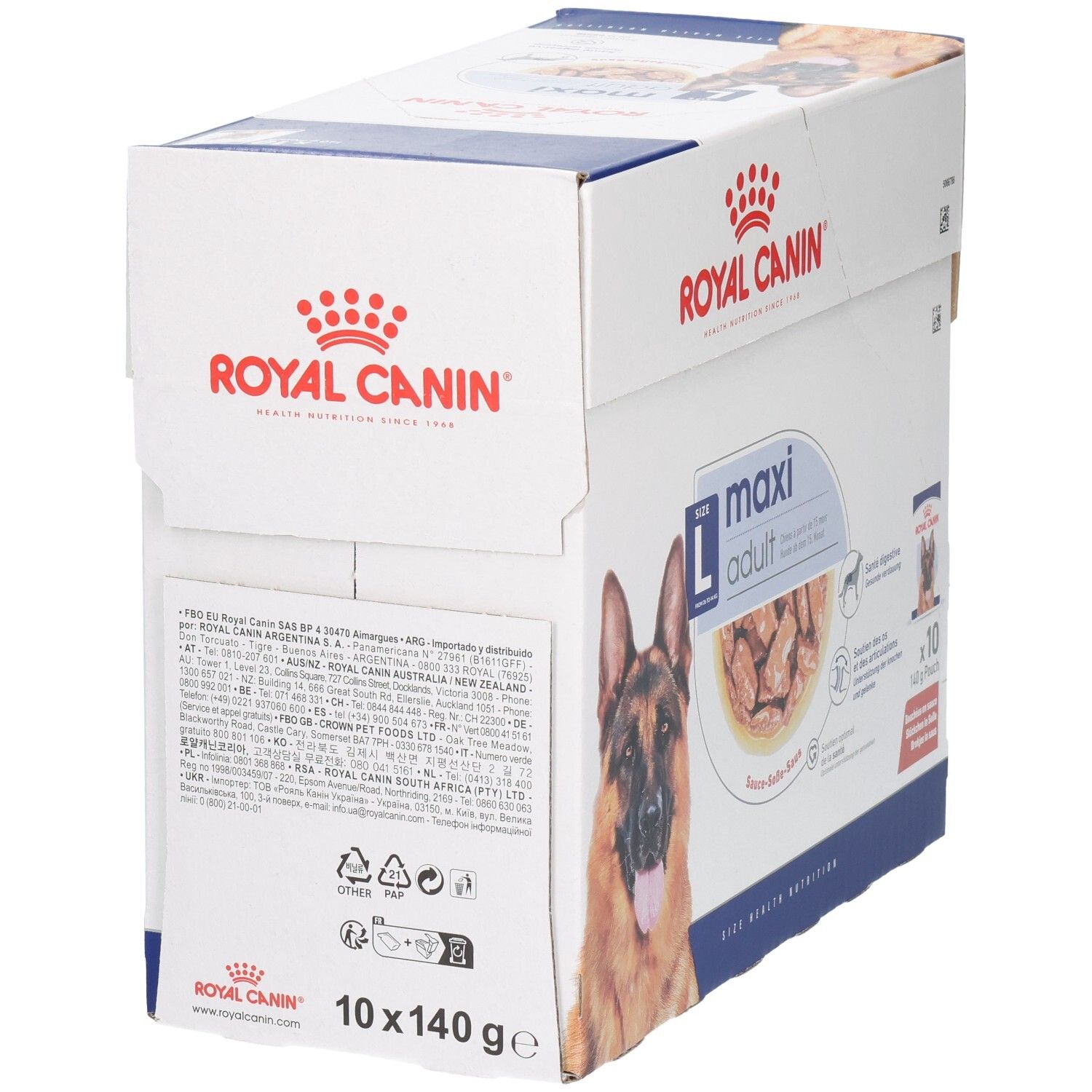 Royal Canin Maxi Adult doos met 10 zakjes van 140g. Achterkant met gedetailleerde productinformatie en recycling-symbolen.