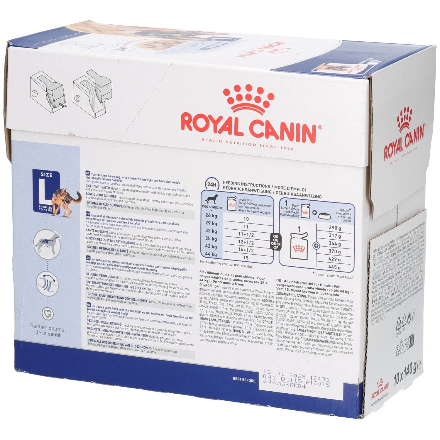 Royal Canin Maxi Adult doos met 10 zakjes van 140g. Zijaanzicht met voedingsinstructies en gezondheidsondersteuning.