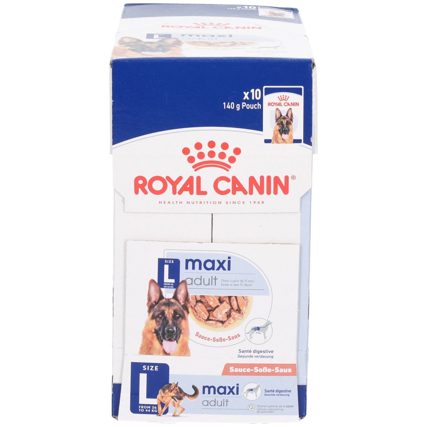 Royal Canin Maxi Adult doos met 10 zakjes van 140g. Voorkant met hondenafbeelding, productinformatie en Royal Canin logo.