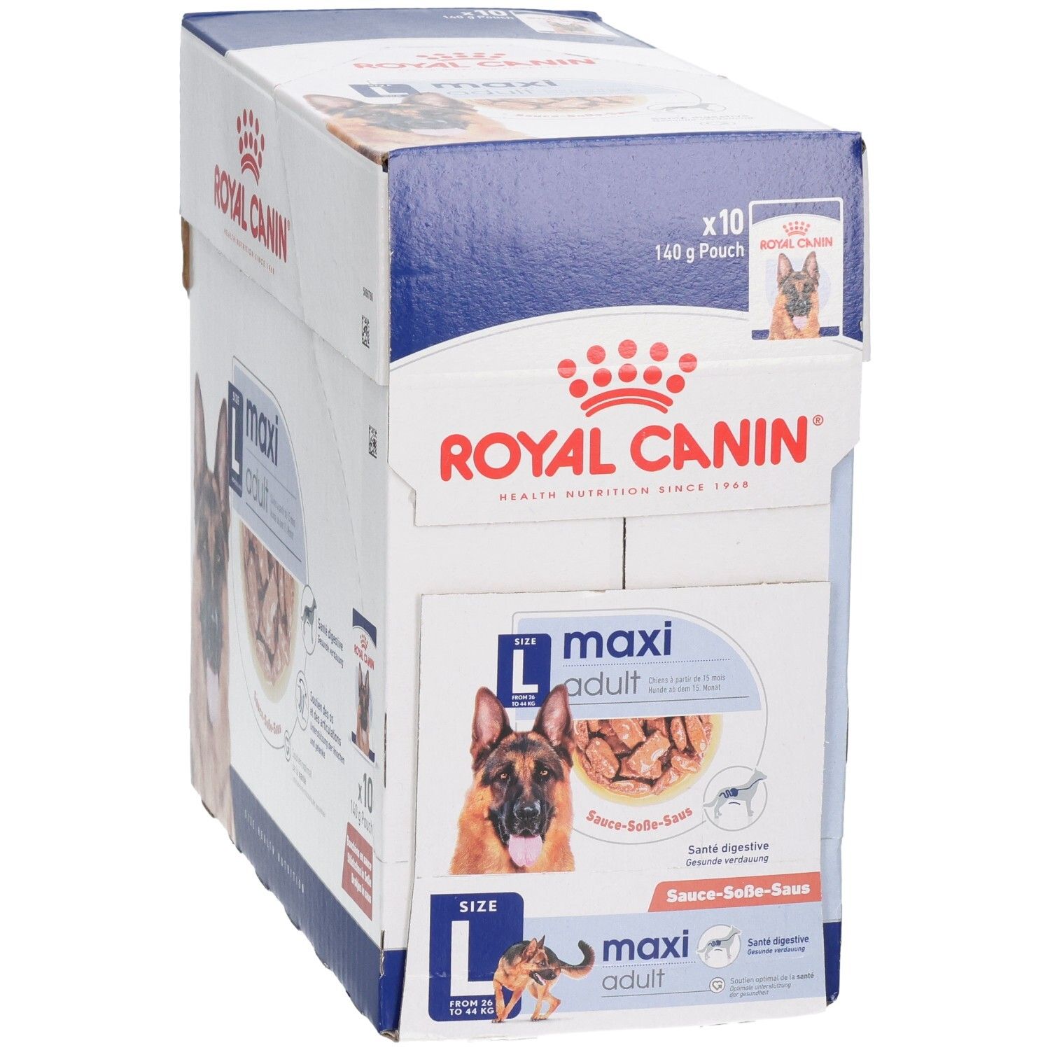Royal Canin Maxi Adult doos met 10 zakjes van 140g. Zijaanzicht met hondenafbeelding en productinformatie.