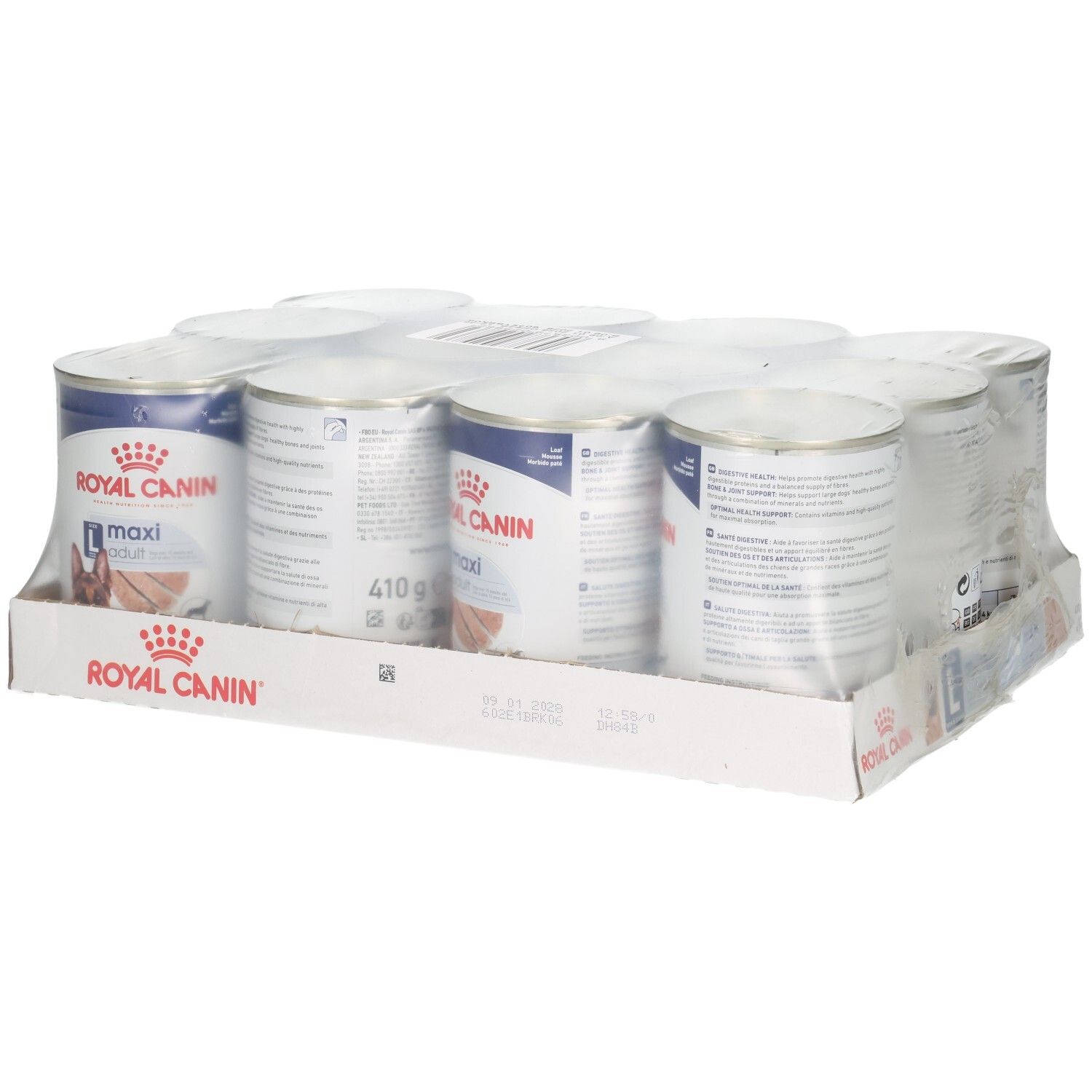 Twaalf blikken Royal Canin Maxi Adult Loaf hondenvoer in karton.
