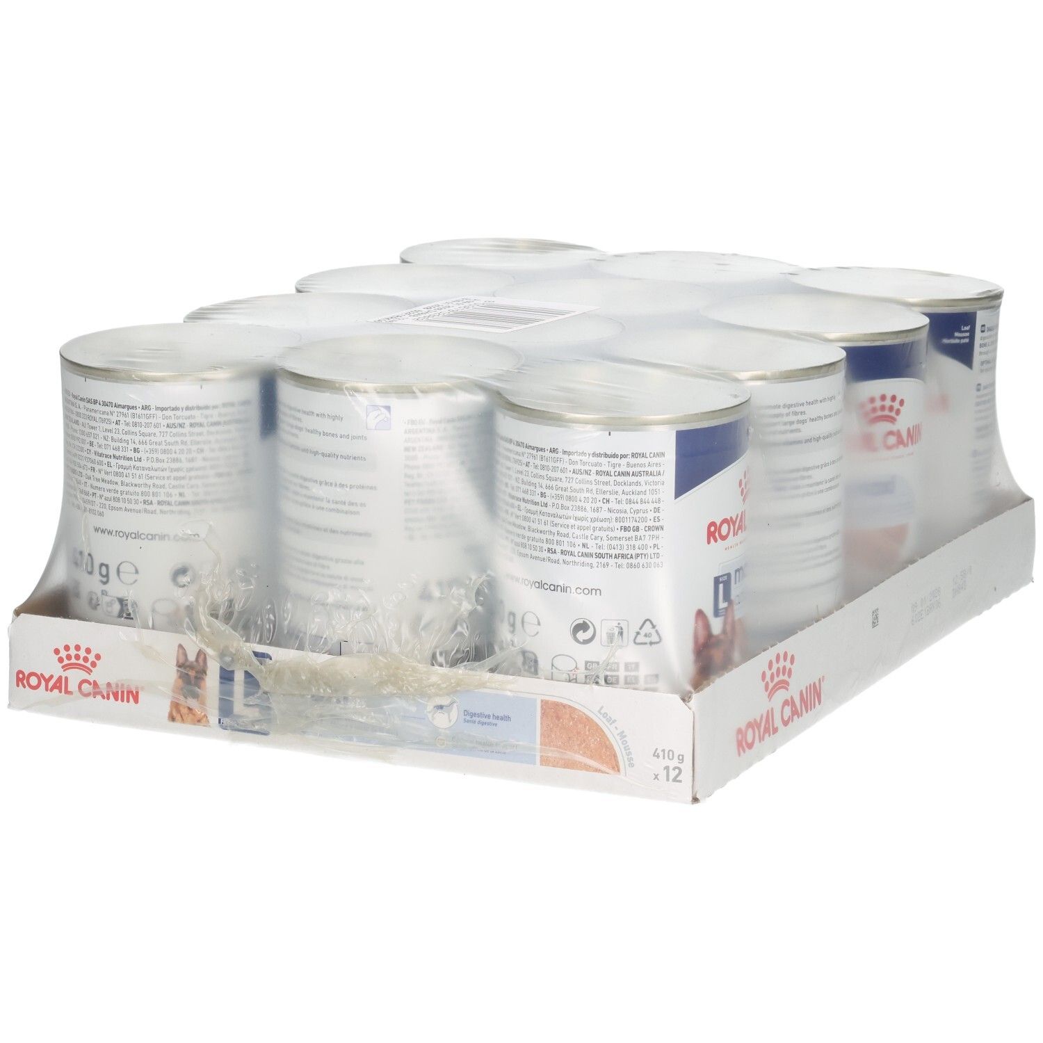 Twaalf blikken Royal Canin Maxi Adult Loaf hondenvoer in karton, achterkant.