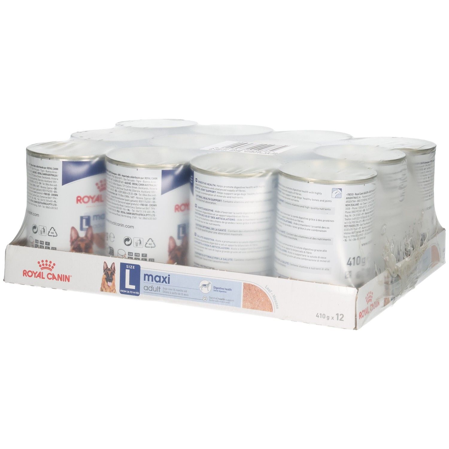 Twaalf blikken Royal Canin Maxi Adult Loaf hondenvoer in karton, zijaanzicht.