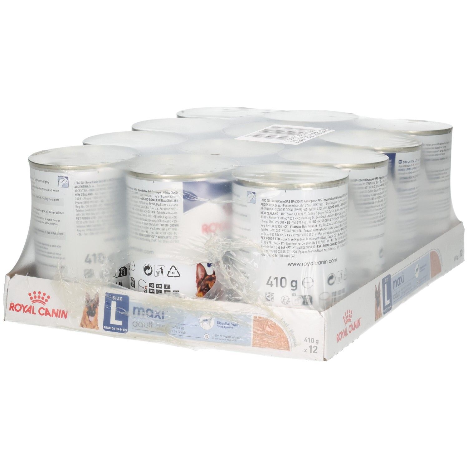 Twaalf blikken Royal Canin Maxi Adult Loaf hondenvoer in karton, schuine weergave.