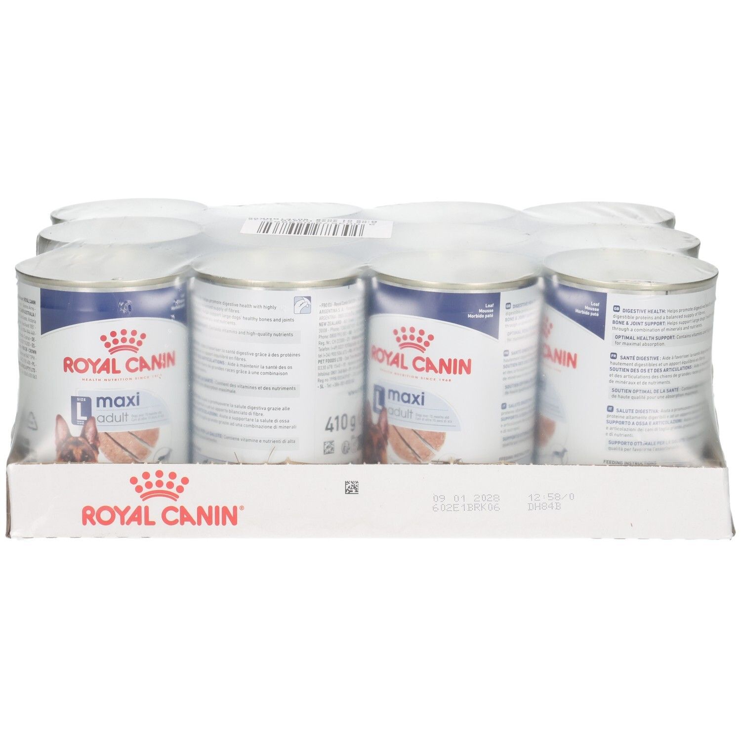 Twaalf blikken Royal Canin Maxi Adult Loaf hondenvoer in karton, vooraanzicht.
