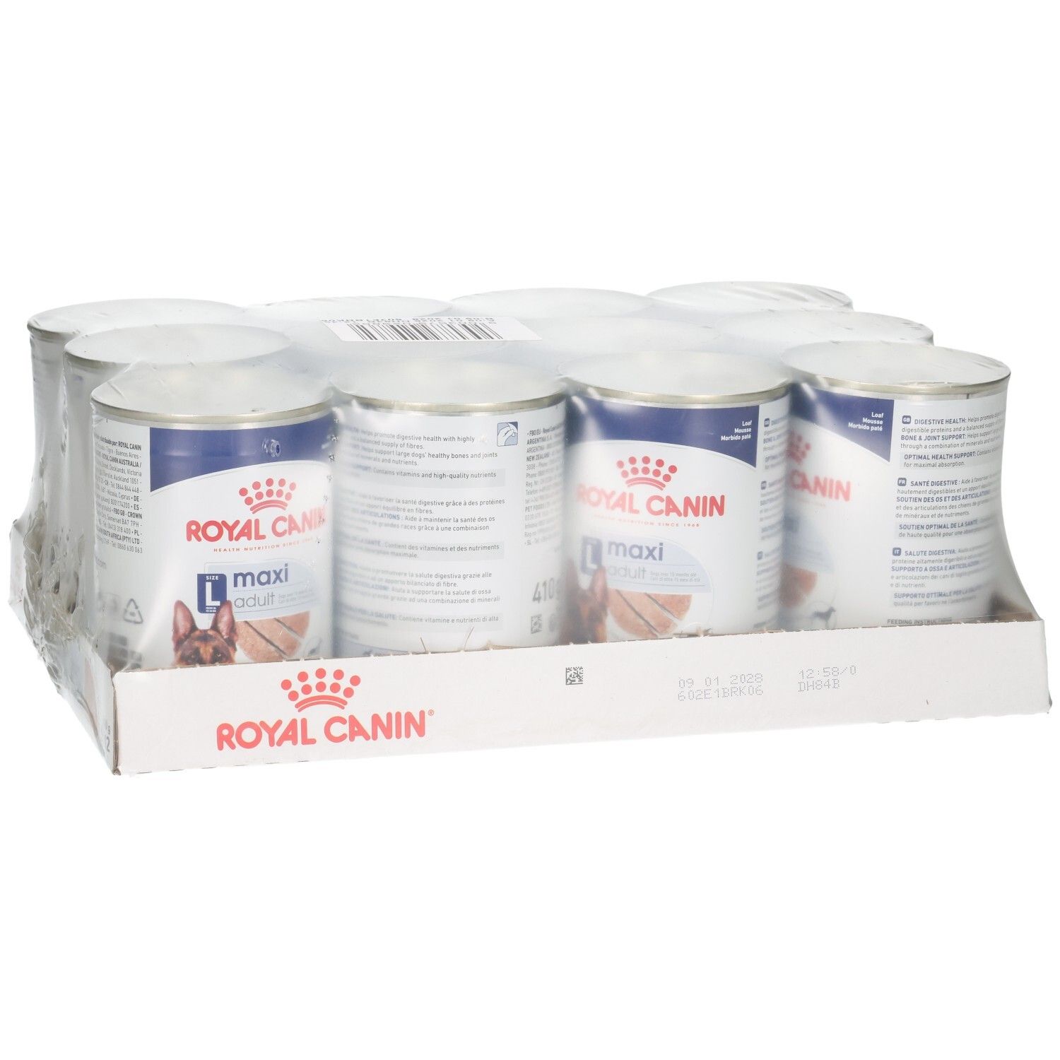 Twaalf blikken Royal Canin Maxi Adult Loaf hondenvoer in karton, detailweergave.