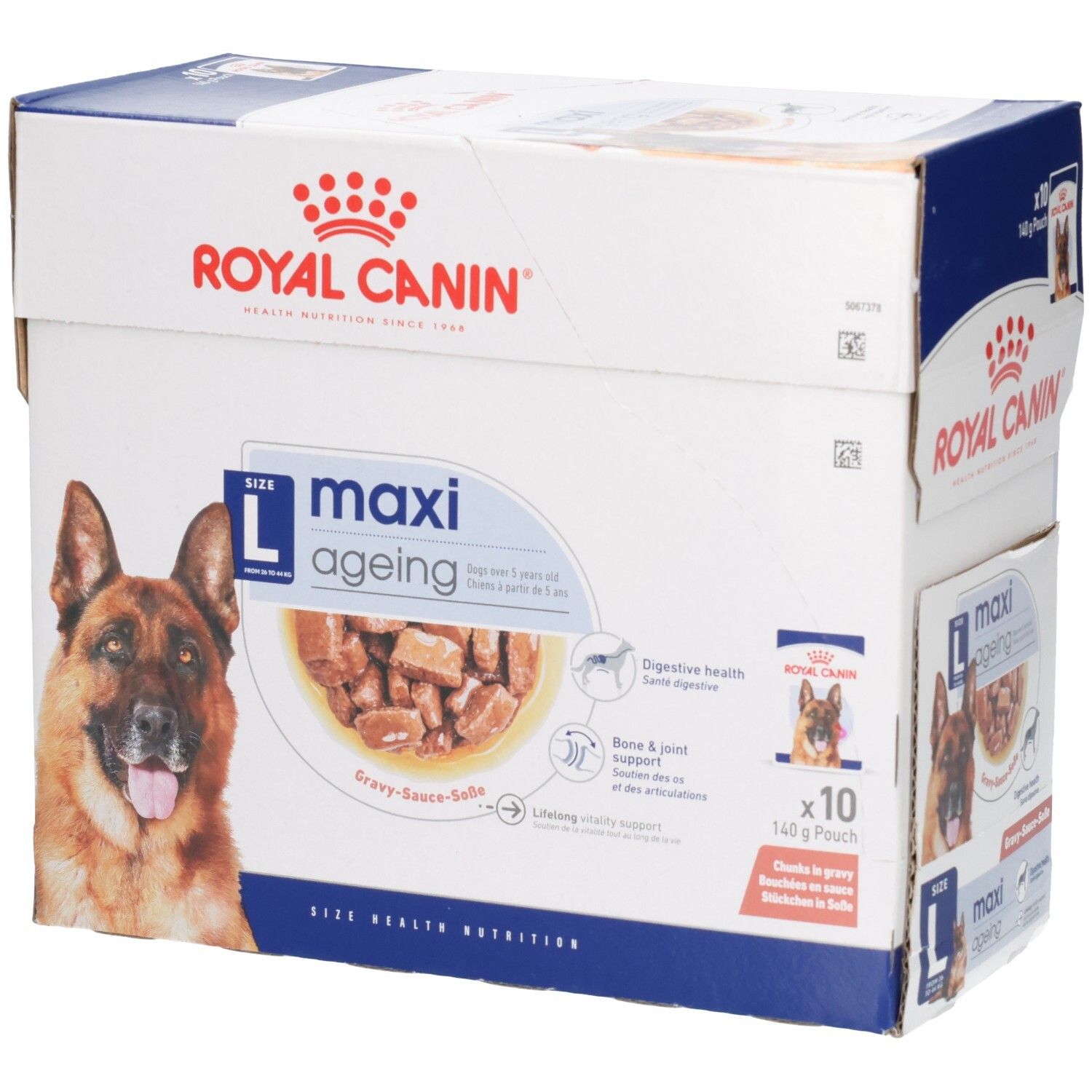 Royal Canin Maxi Ageing: Doos met 10 zakjes van 140g voor honden ouder dan 5 jaar.