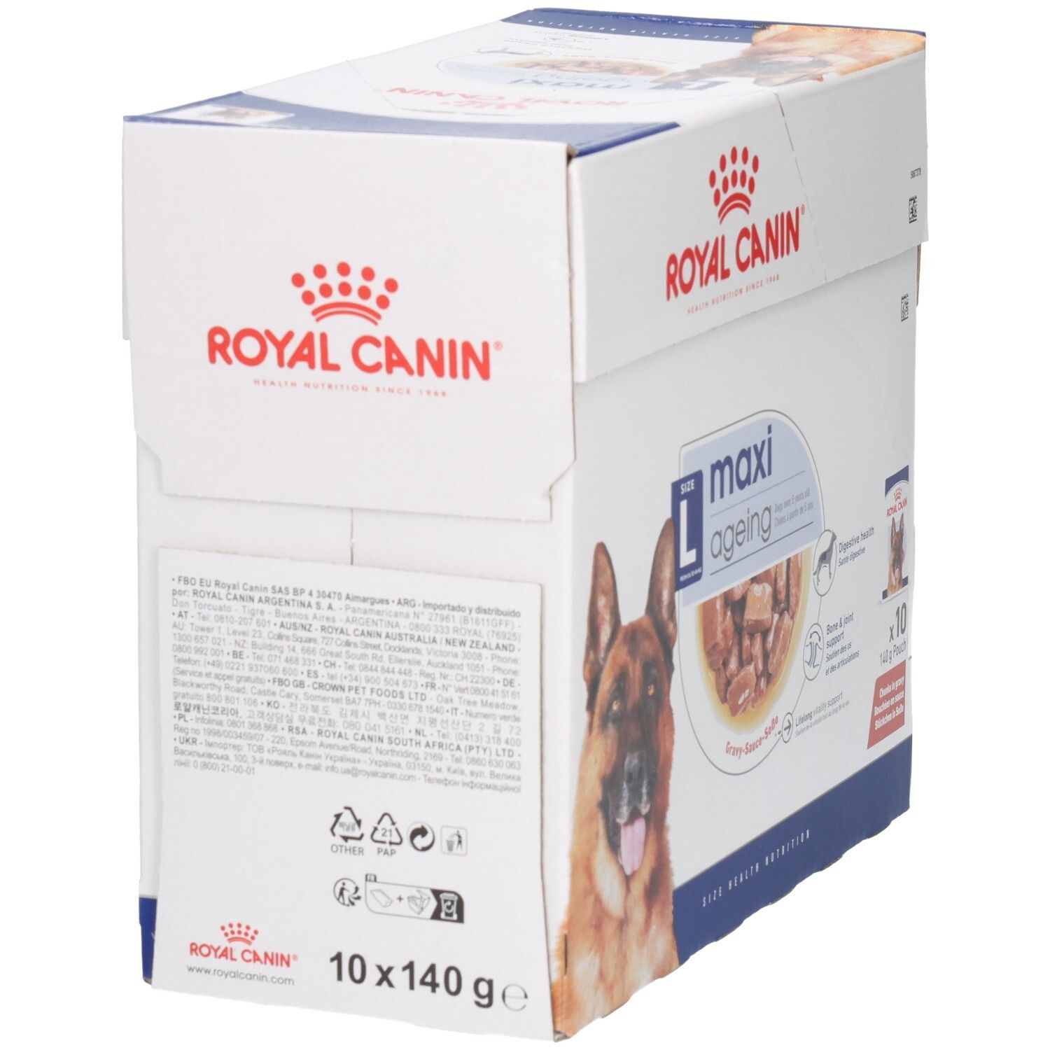Royal Canin Maxi Ageing: Achterkant van de doos met voederinstructies en productinformatie.