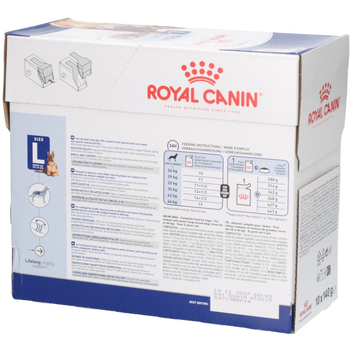 Royal Canin Maxi Ageing: Zijaanzicht van de doos met gedetailleerde productinformatie en voedingstabel.