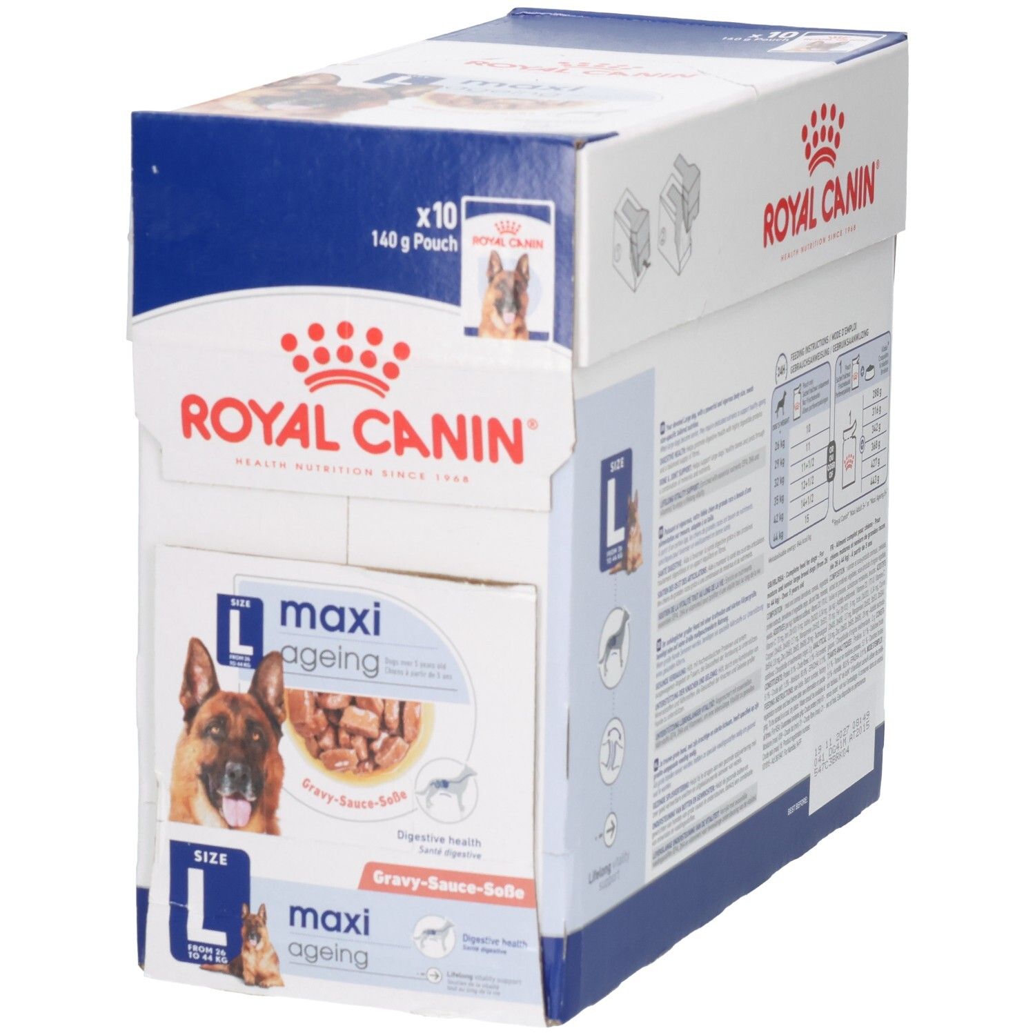 Royal Canin Maxi Ageing: Voorkant van de doos met hondenafbeelding en productkenmerken.