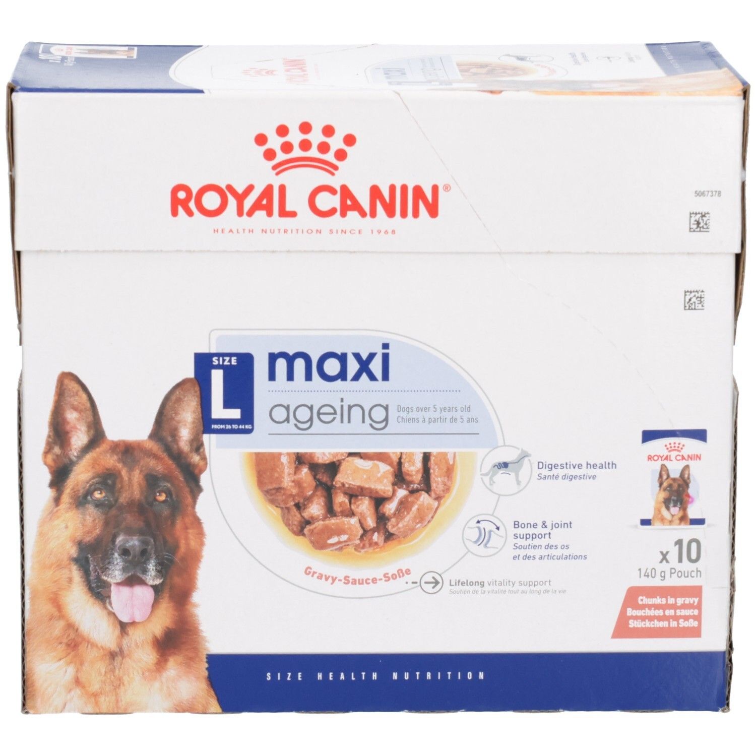 Royal Canin Maxi Ageing: Doos met 10 zakjes van 140g, focus op voordelen voor spijsvertering en gewrichten.