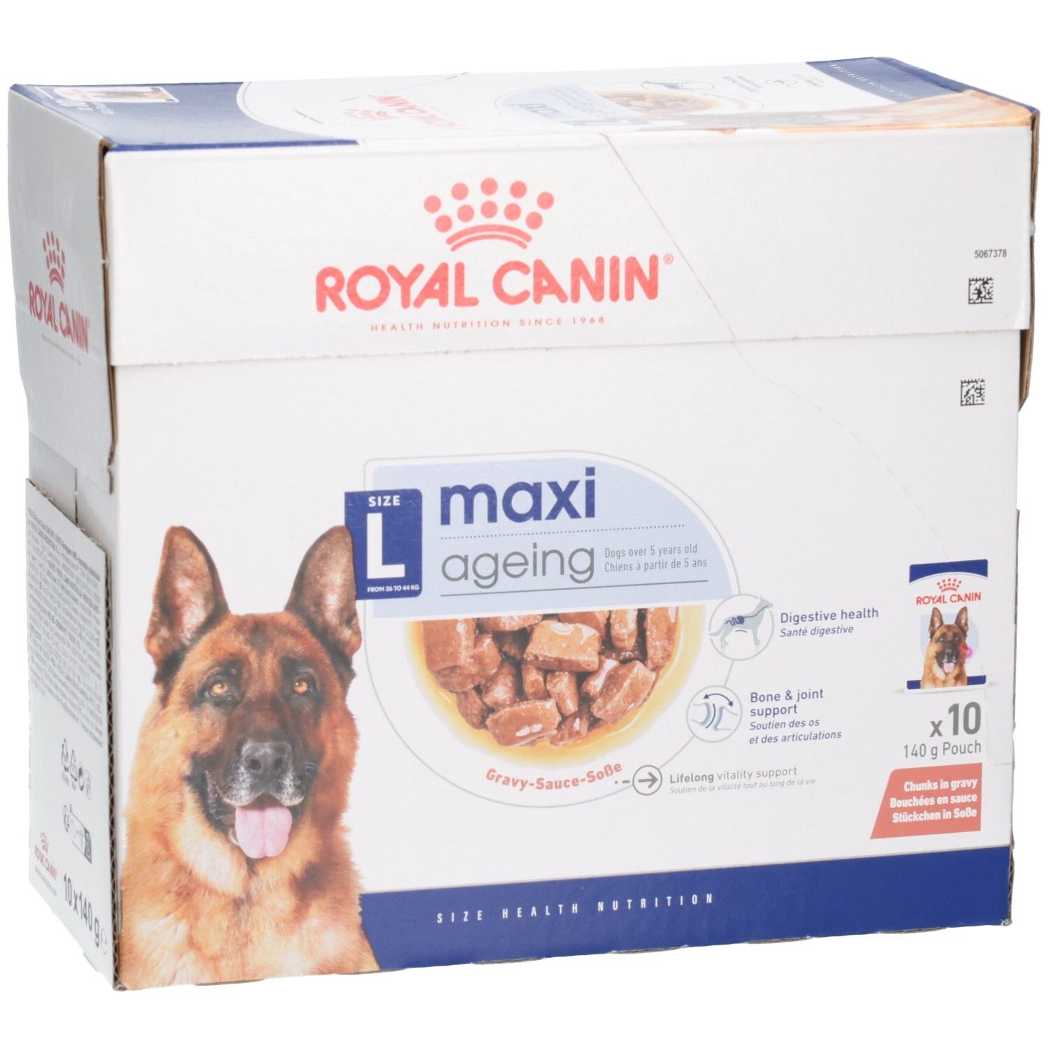 Royal Canin Maxi Ageing: Doos met 10 zakjes van 140g, toont hond en productafbeelding.