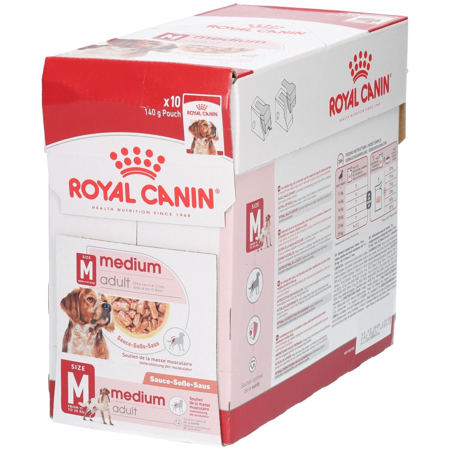 Royal Canin Medium Adult hondenvoerdoos, 10x140g zakjes. Voorkant met hondenafbeelding en productinformatie.