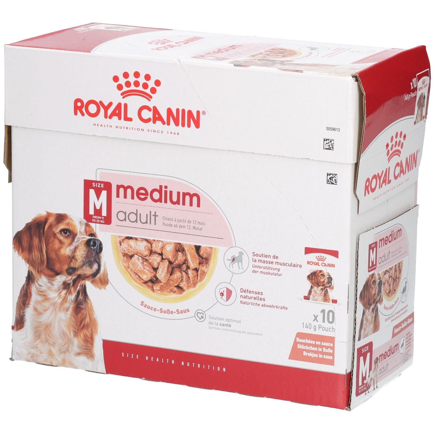 Royal Canin Medium Adult hondenvoerdoos, 10x140g zakjes. Voorkant met hondenafbeelding en productinformatie.