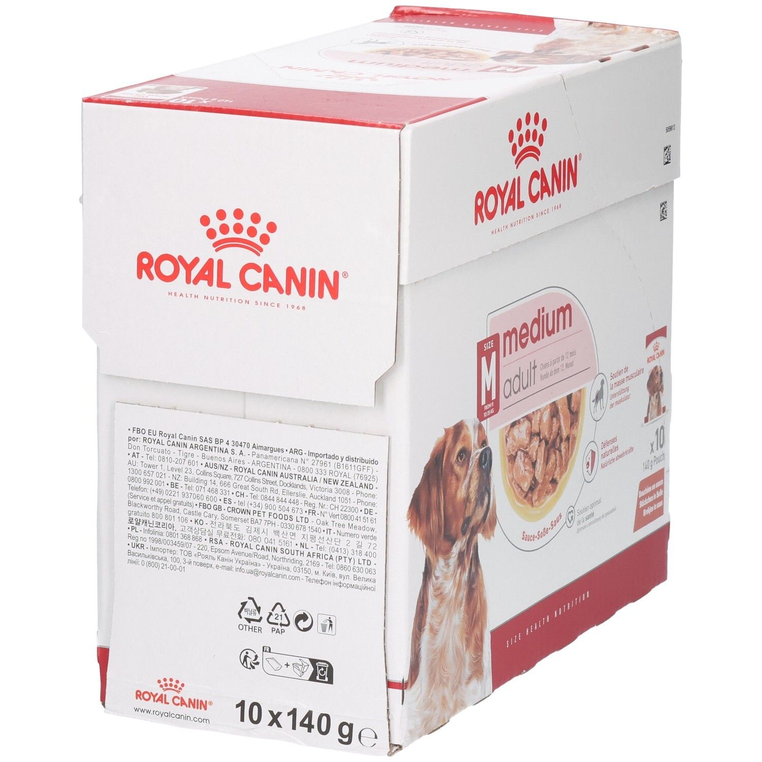 Royal Canin Medium Adult hondenvoerdoos, 10x140g zakjes. Zijaanzicht met gedetailleerde productinformatie en ingrediënten.