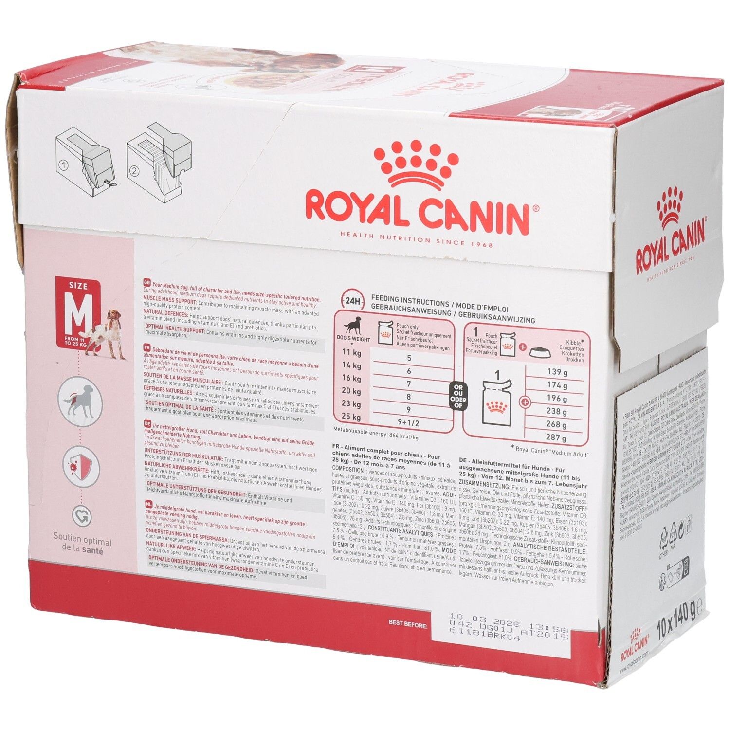 Royal Canin Medium Adult hondenvoerdoos, 10x140g zakjes. Achterkant met voedingsadvies en productkenmerken.