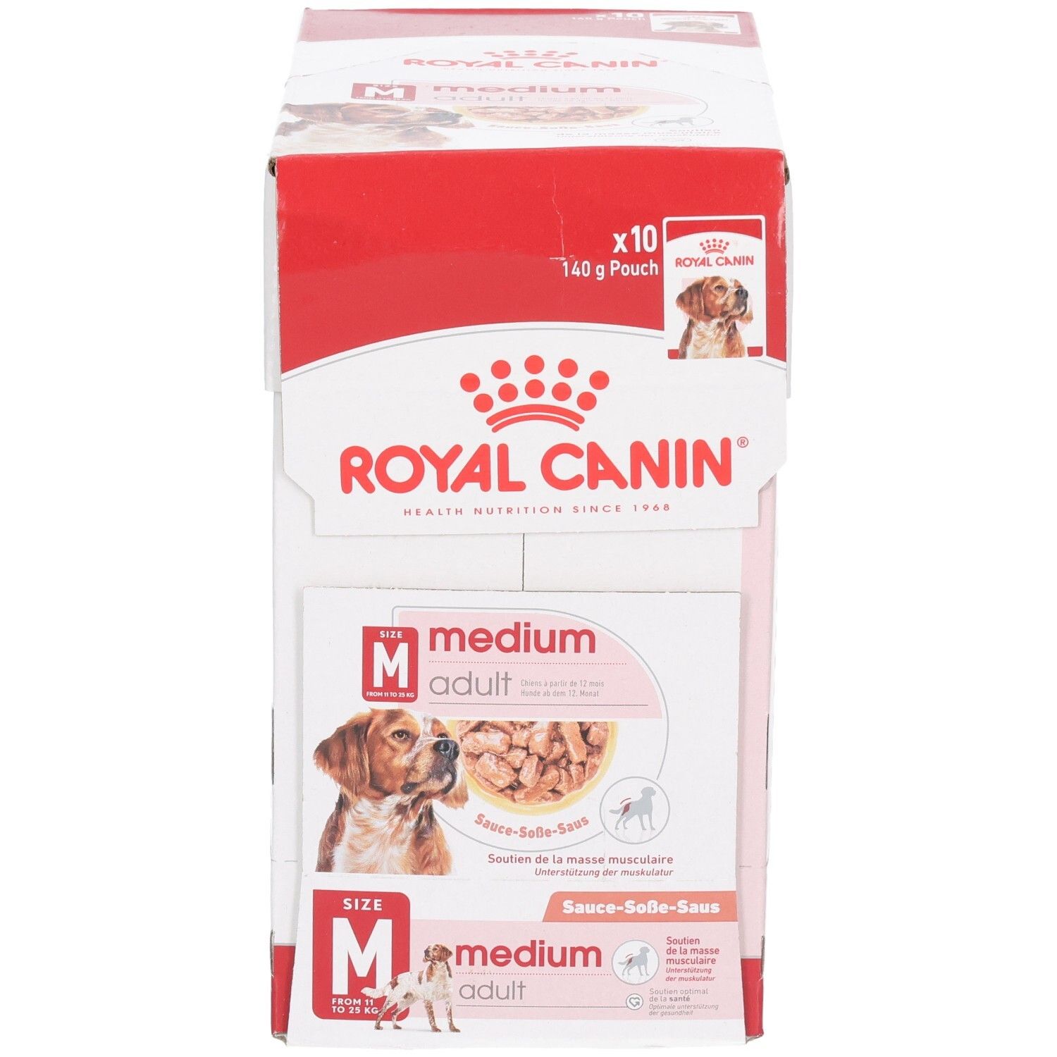 Royal Canin Medium Adult hondenvoerdoos, 10x140g zakjes. Voorkant met hondenafbeelding en productinformatie.