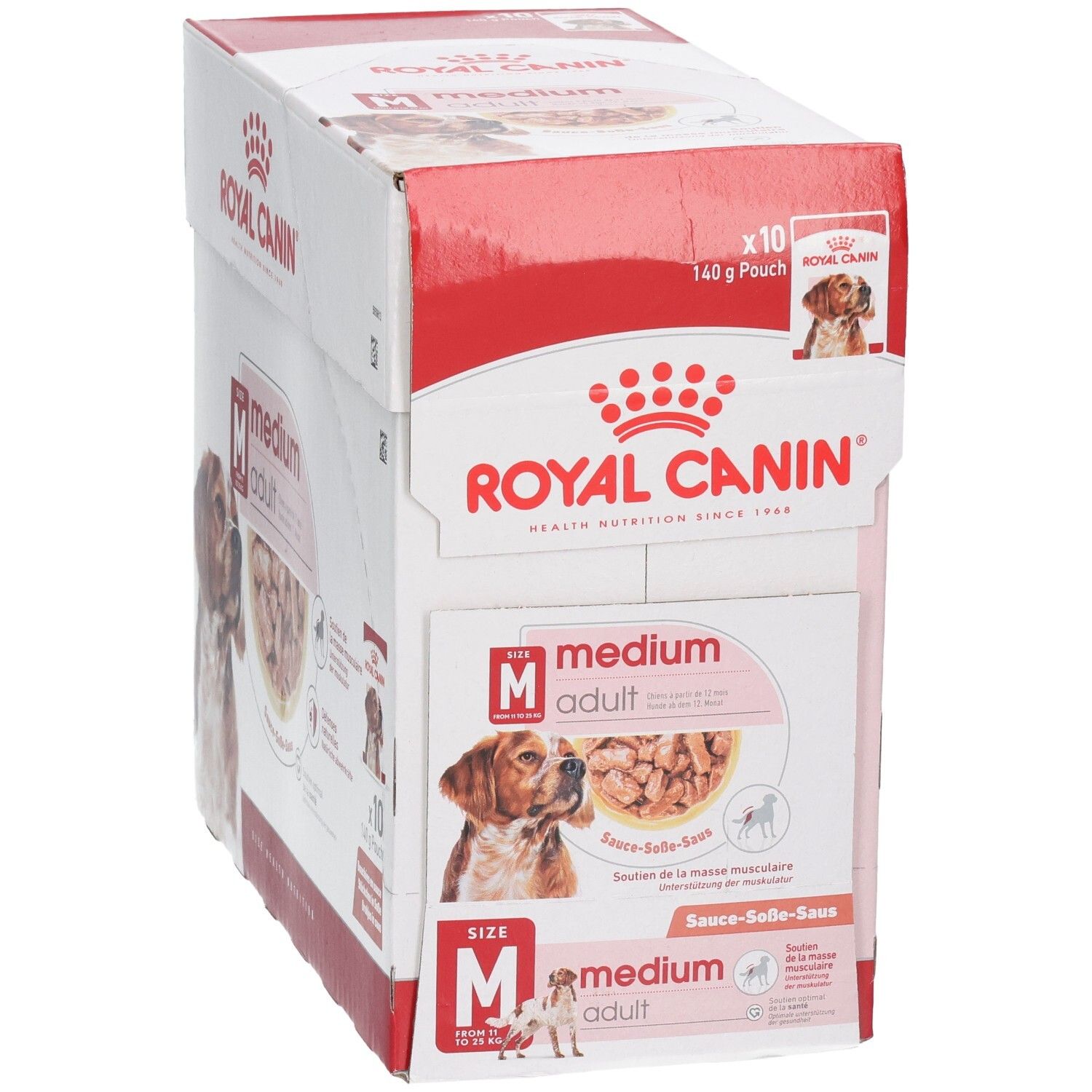 Royal Canin Medium Adult hondenvoerdoos, 10x140g zakjes. Schuin aanzicht met focus op de voor- en zijkant van de verpakking.