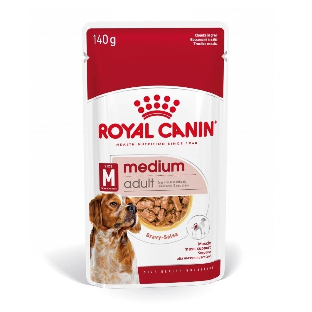 Pochette Royal Canin Medium Adult 140g avec nourriture pour chien en sauce.