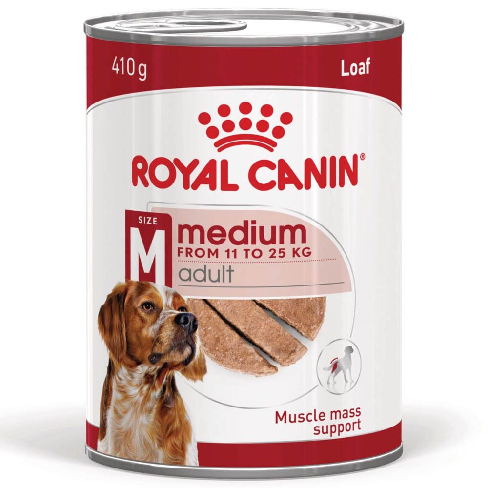Eén blik Royal Canin SHN Medium Adult Mousse, 410g, met hondenafbeelding en tekst.