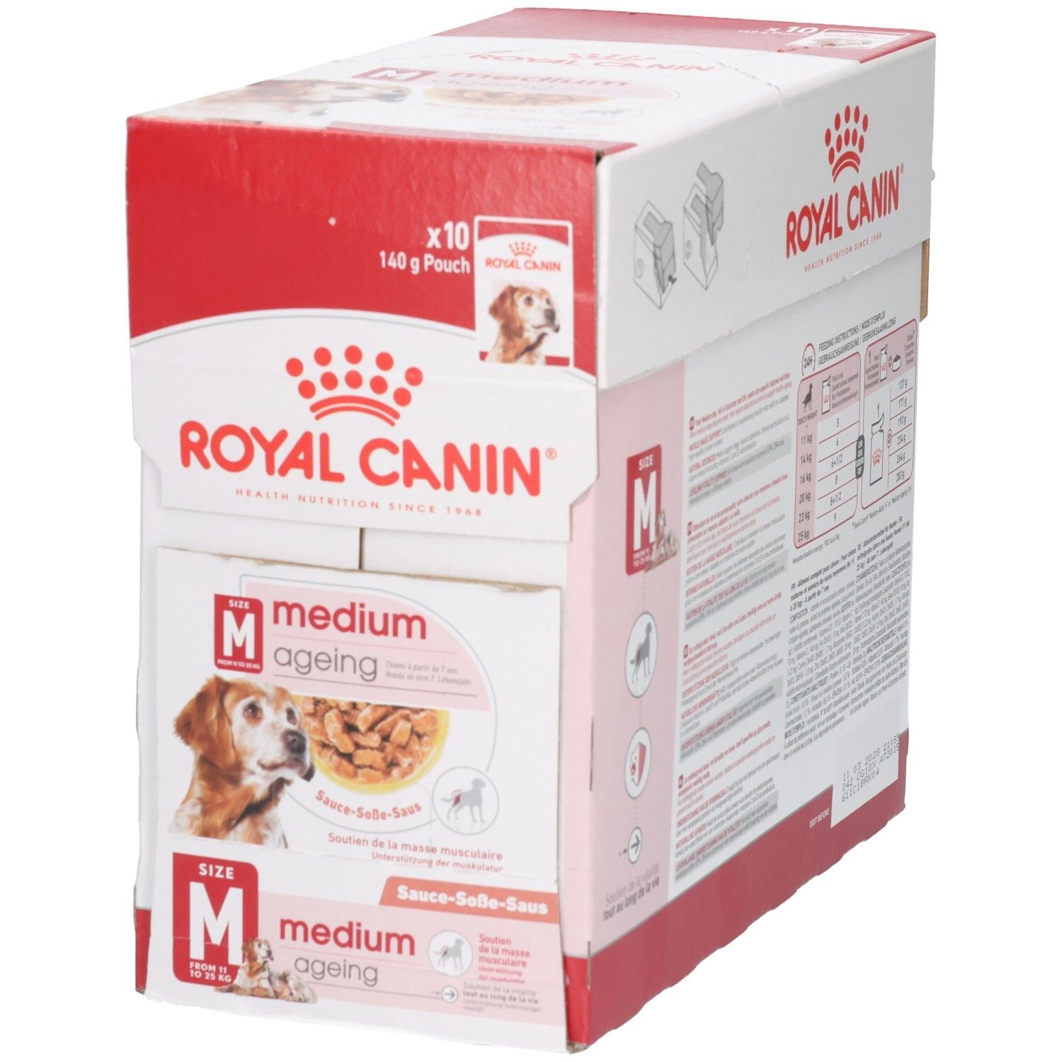Avant de la boîte Royal Canin Medium Ageing pour chien, taille M, 10 sachets de 140g. Image d'un chien âgé.