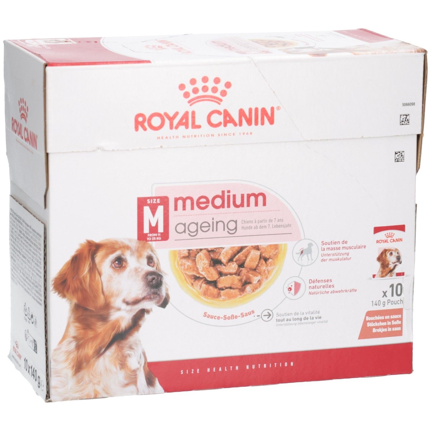 Boîte Royal Canin Medium Ageing pour chien, 10 sachets de 140g. Vue rapprochée de l'avant avec image de chien.
