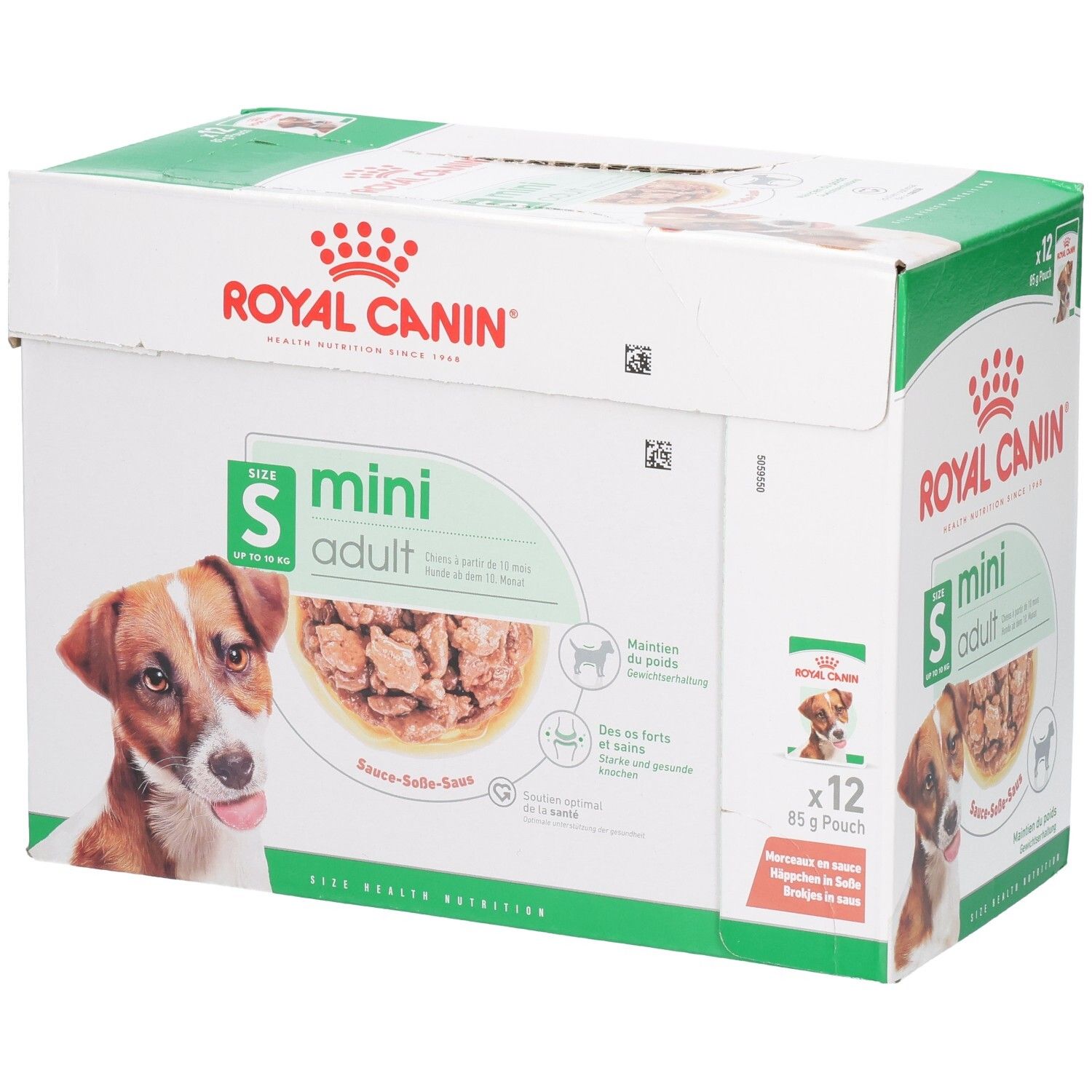 Boîte Royal Canin Mini Adult nourriture humide, 12 sachets de 85g, pour petits chiens.