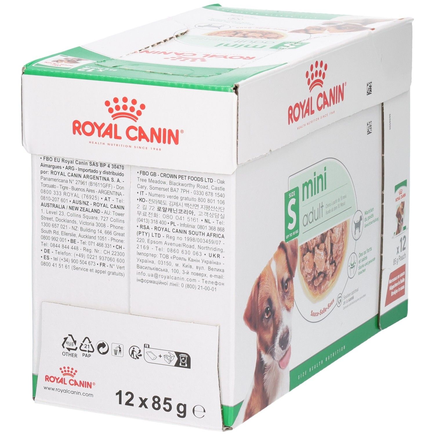 Boîte Royal Canin Mini Adult nourriture humide, arrière avec informations produit et dosage.