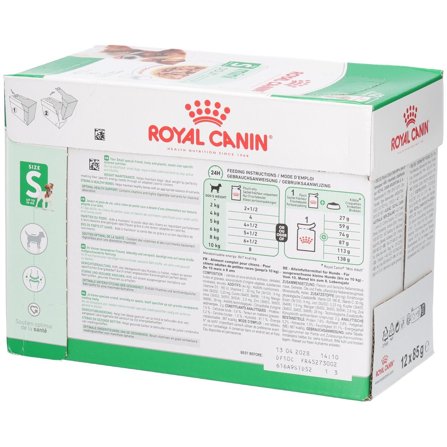 Boîte Royal Canin Mini Adult nourriture humide, vue latérale avec recommandations alimentaires.
