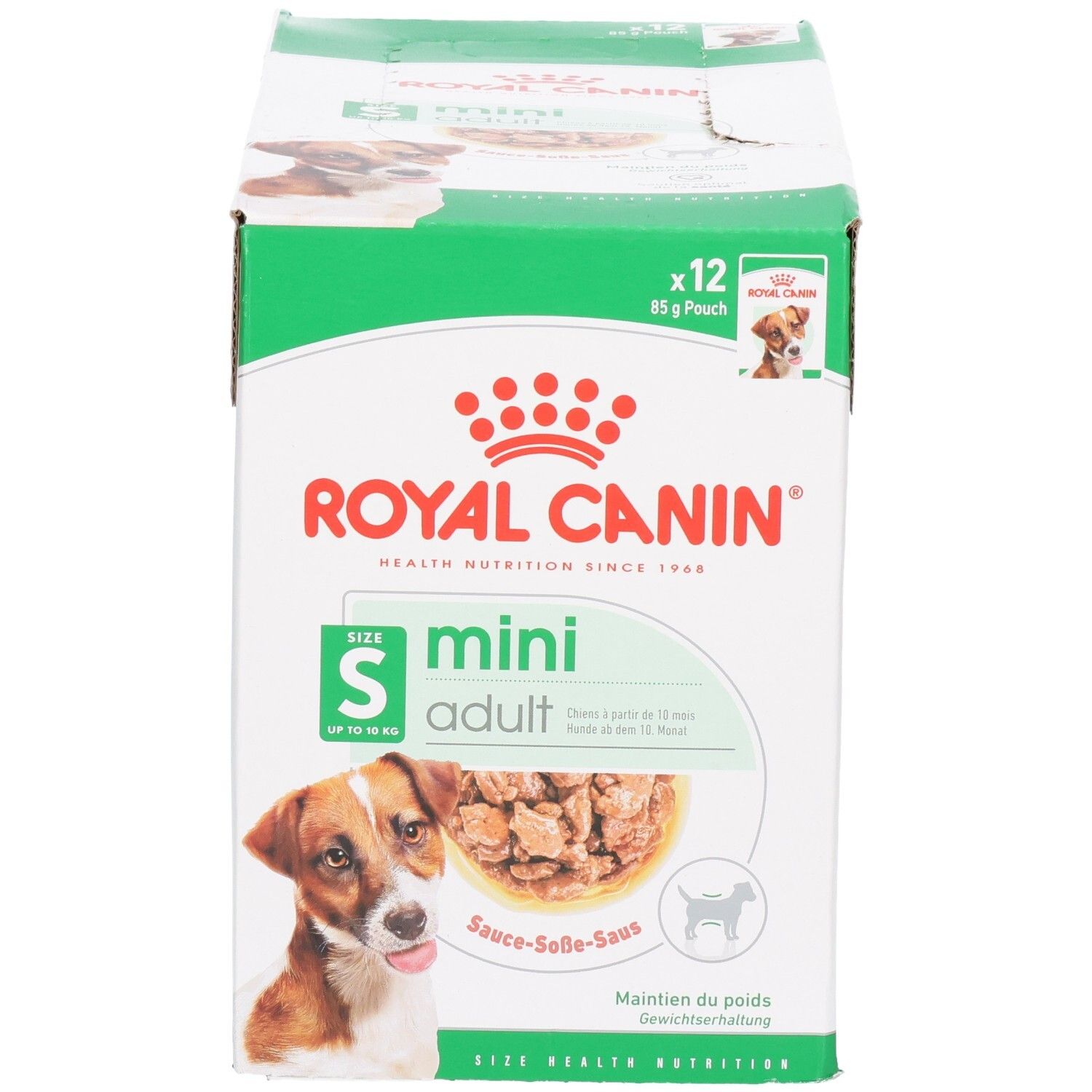 Boîte Royal Canin Mini Adult nourriture humide, 12 sachets de 85g, pour petits chiens.
