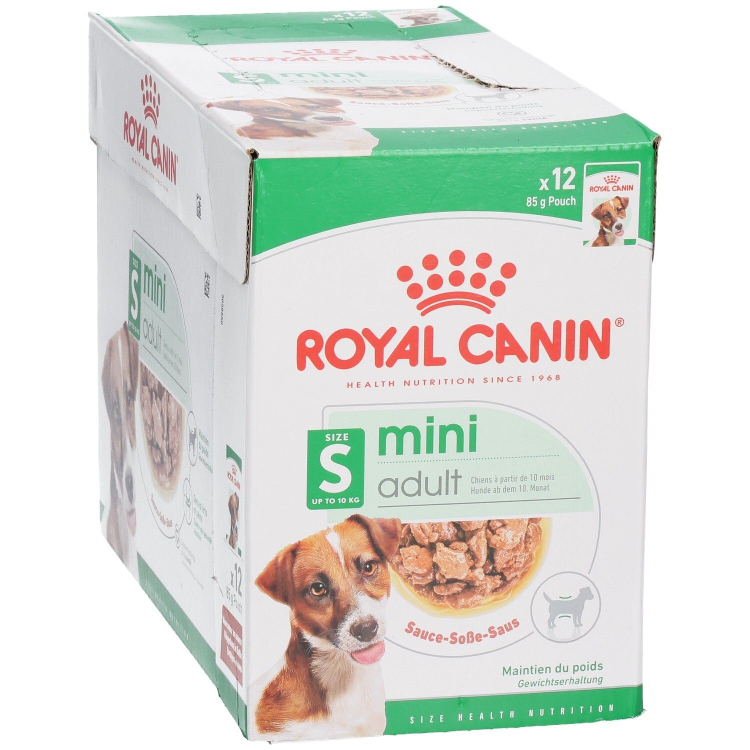 Boîte Royal Canin Mini Adult nourriture humide, 12 sachets de 85g, pour petits chiens.