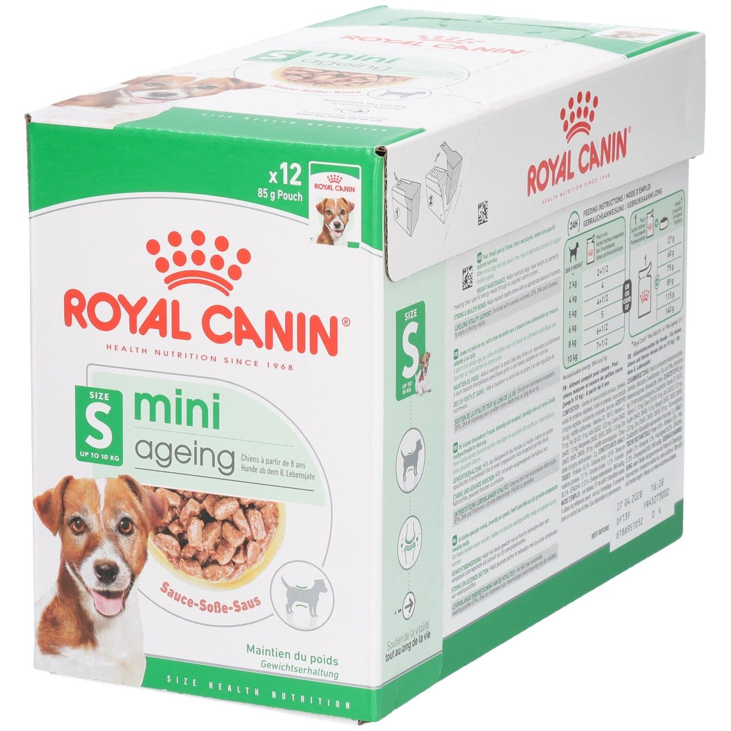 Royal Canin Mini Ageing 12x85g Pouch doos met hondenvoer.