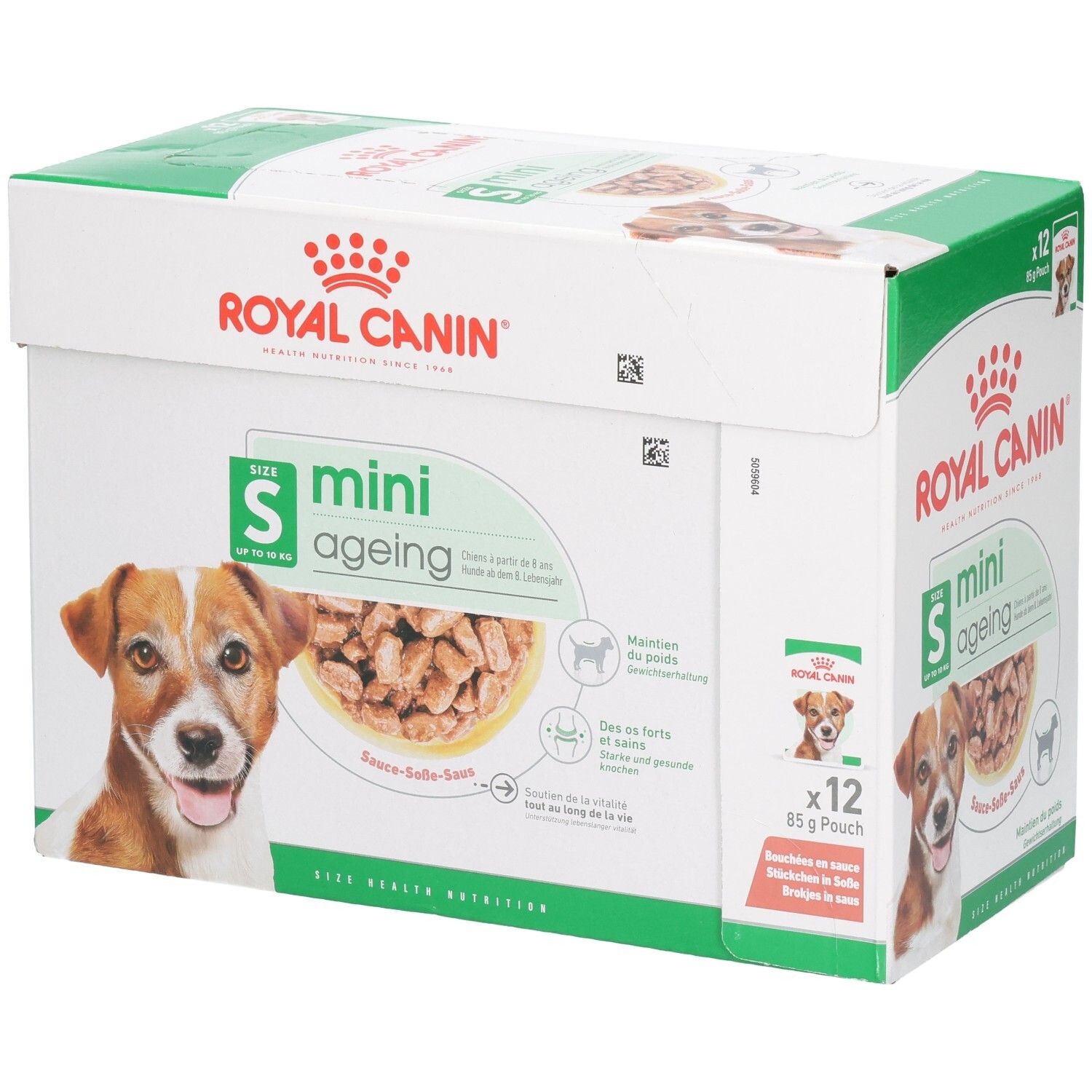 Royal Canin Mini Ageing 12x85g Pouch doos, vooraanzicht met hond.