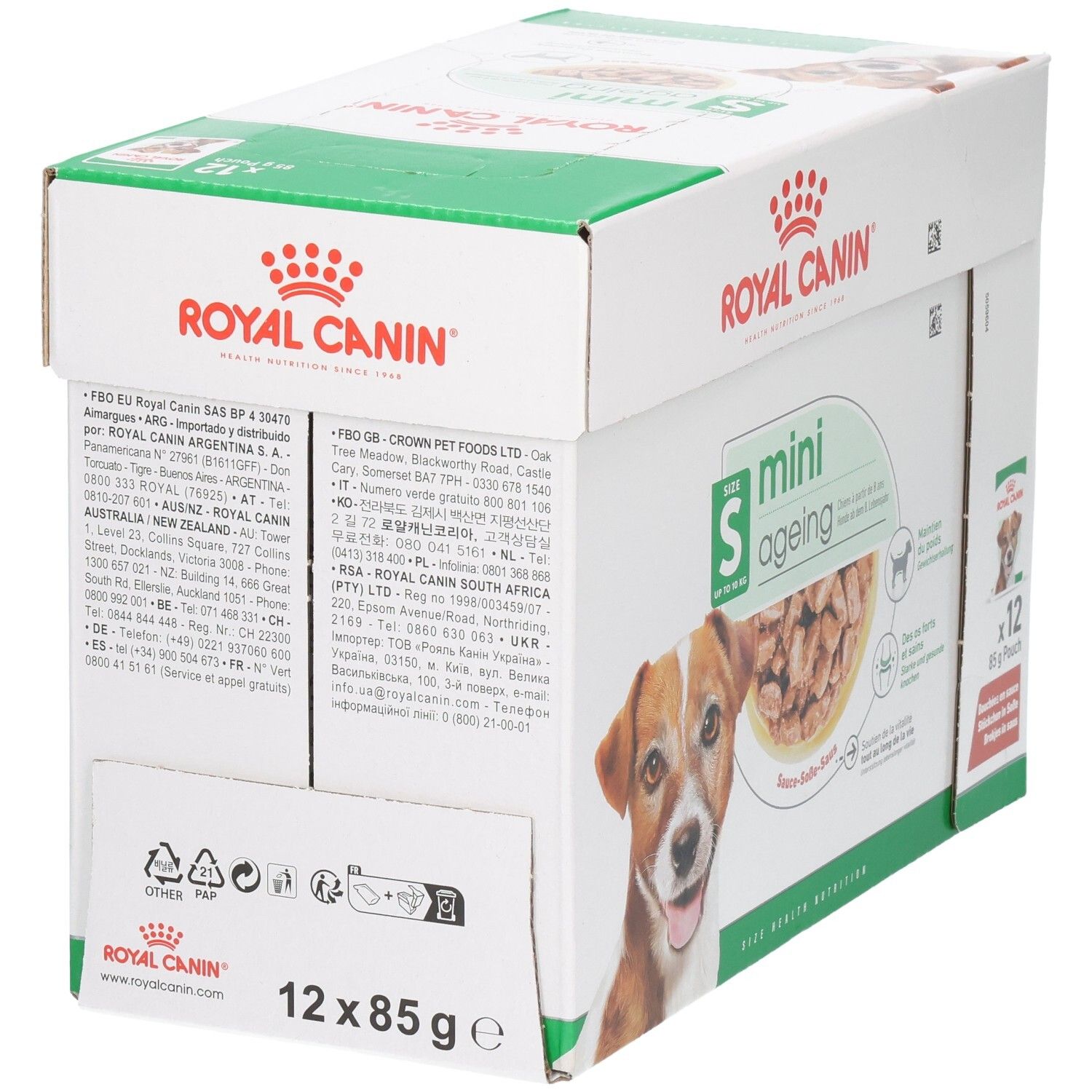 Royal Canin Mini Ageing 12x85g Pouch doos, zijaanzicht.